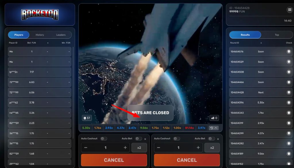 Round results history column listing past multipliers next to a live 4.41x flight