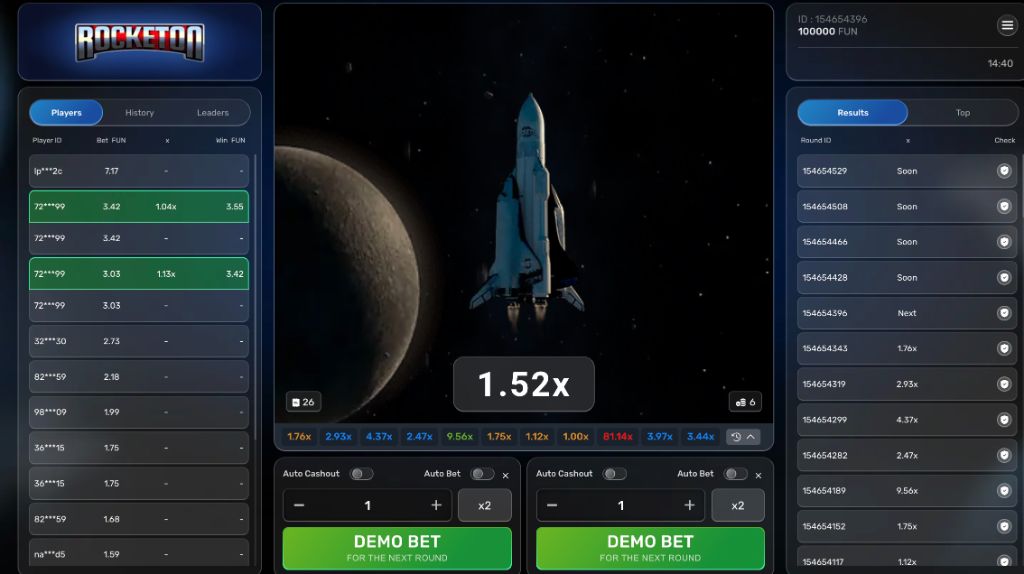 Desktop demo view with FUN play credits, live player list and round results panel