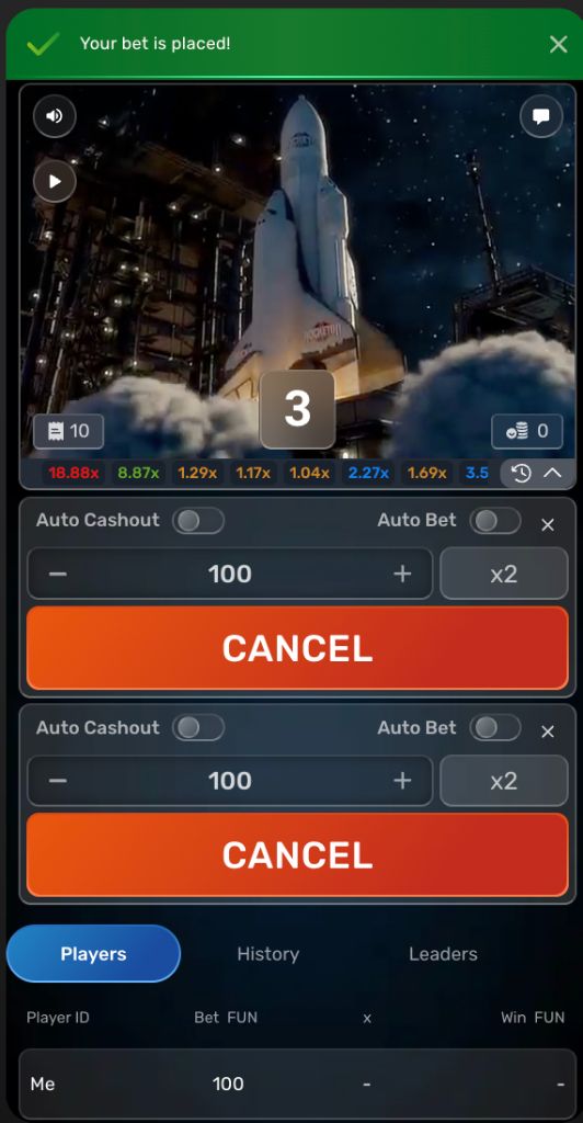 Mobile confirmation banner reading your bet is placed above the launching shuttle