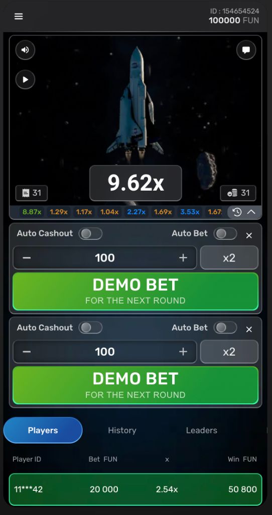 Rocketon game screen showing a 9.62x multiplier as the shuttle climbs through space