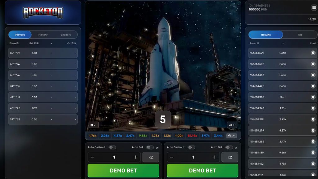 Vertical mobile screen of the crash game with demo bet buttons and live player wins
