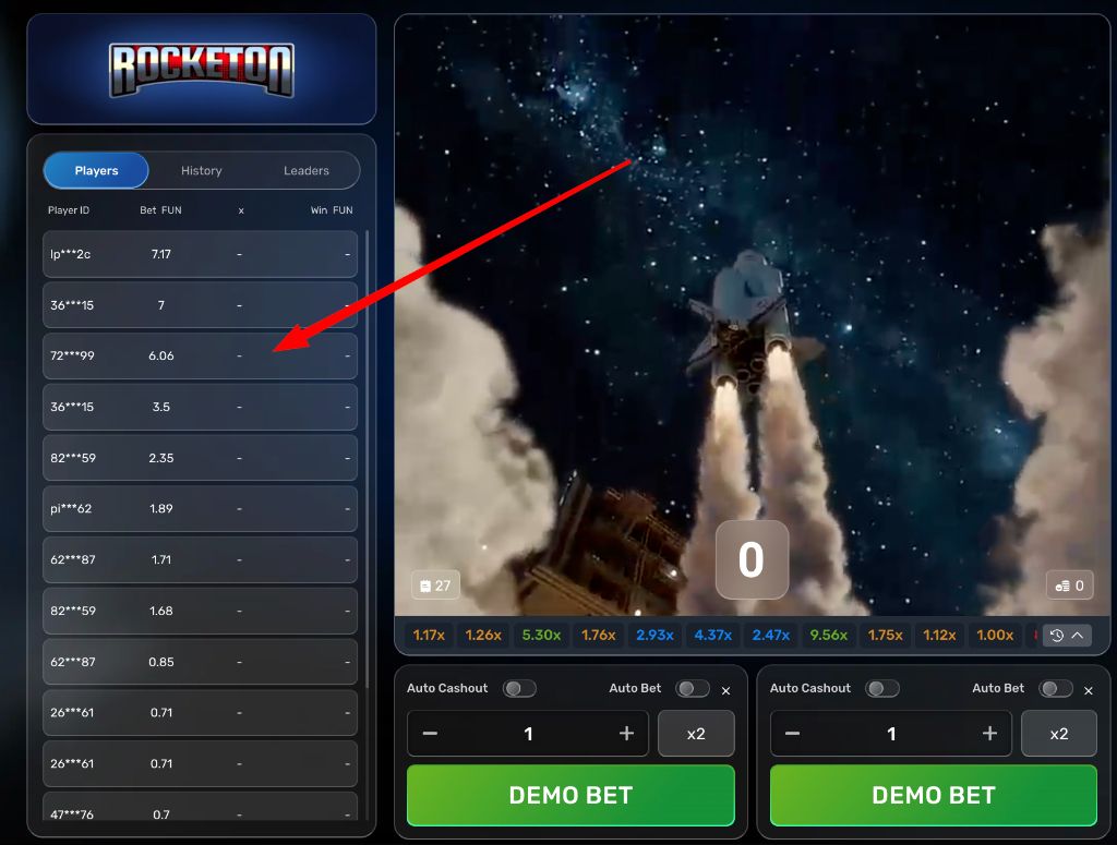 Live players panel showing stake amounts in FUN credits beside the rising shuttle