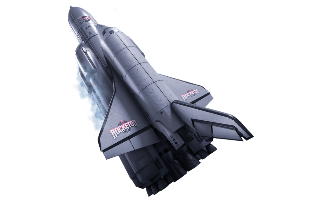 3D silver Rocketon space shuttle lifting off with light blue exhaust trail